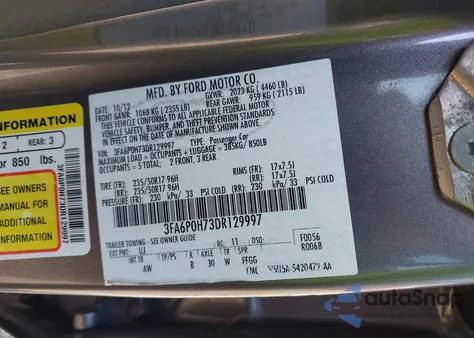 2013 Ford Fusion Se из США, поврежденный, VIN 3FA6P0H73DR129997